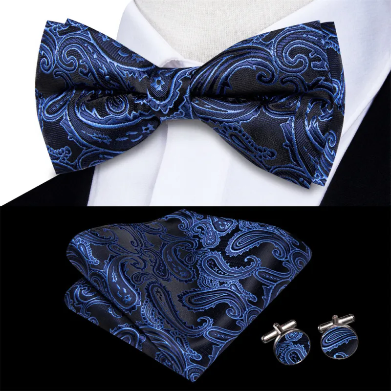 Ties2you Black Blue Paisley Pre-tied Bow Tie Hanky Cufflinks Set sold by Ties2You