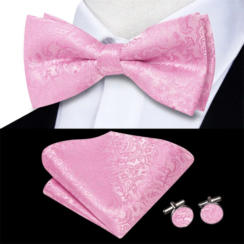 Ties2you Bright Pink Paisley Pre-tied Bow Tie Hanky Cufflinks Set sold by Ties2You