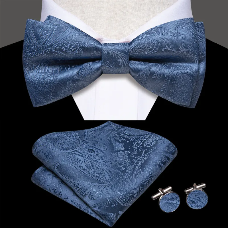 Ties2you Stell Blue Paisley Pre-tied Bow Tie Hanky Cufflinks Set sold by Ties2You