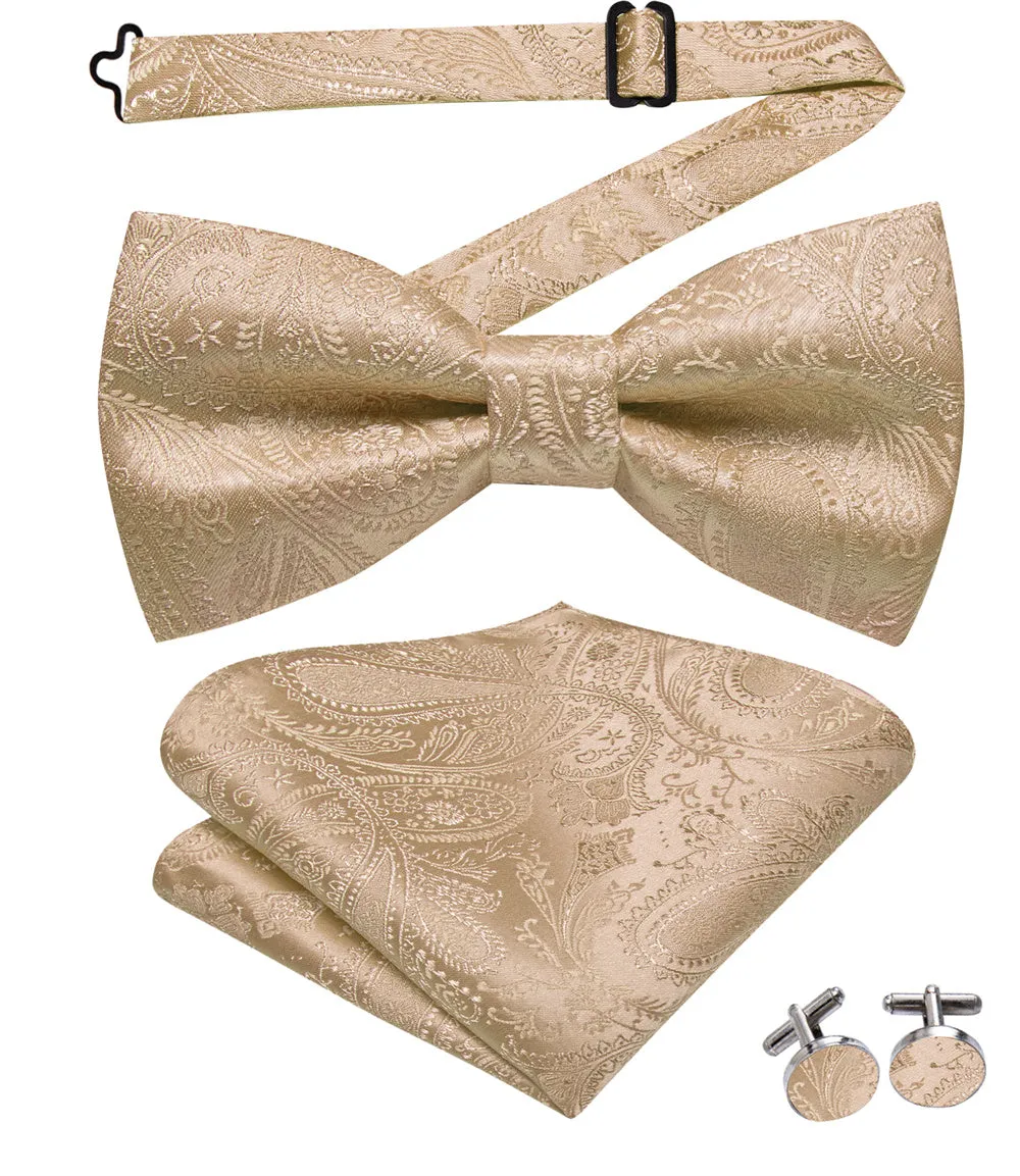 Ties2you Champagne Gold Paisley Pre-tied Bow Tie Hanky Cufflinks Set sold by Ties2You product image thumbnail 4