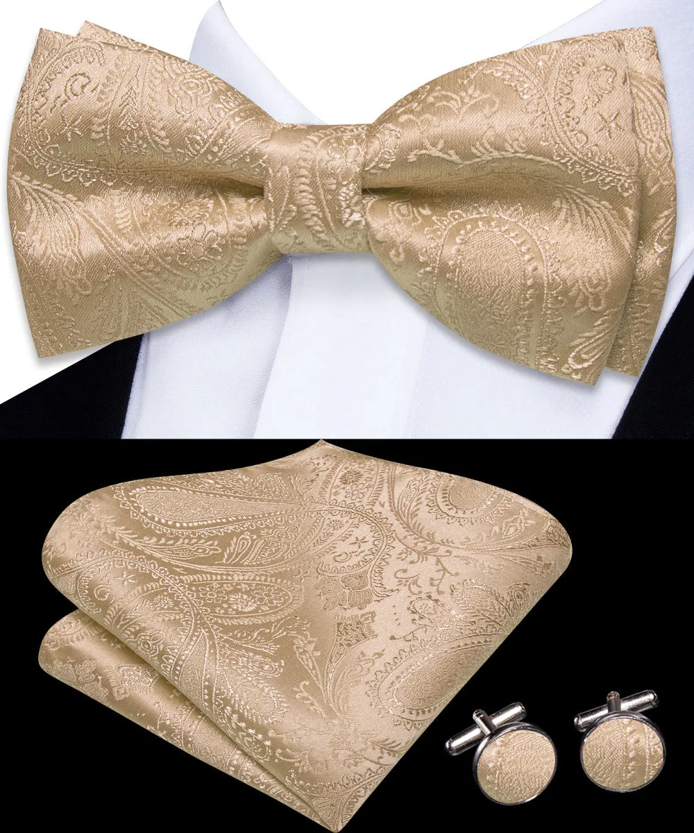 Ties2you Champagne Gold Paisley Pre-tied Bow Tie Hanky Cufflinks Set sold by Ties2You product image thumbnail 3