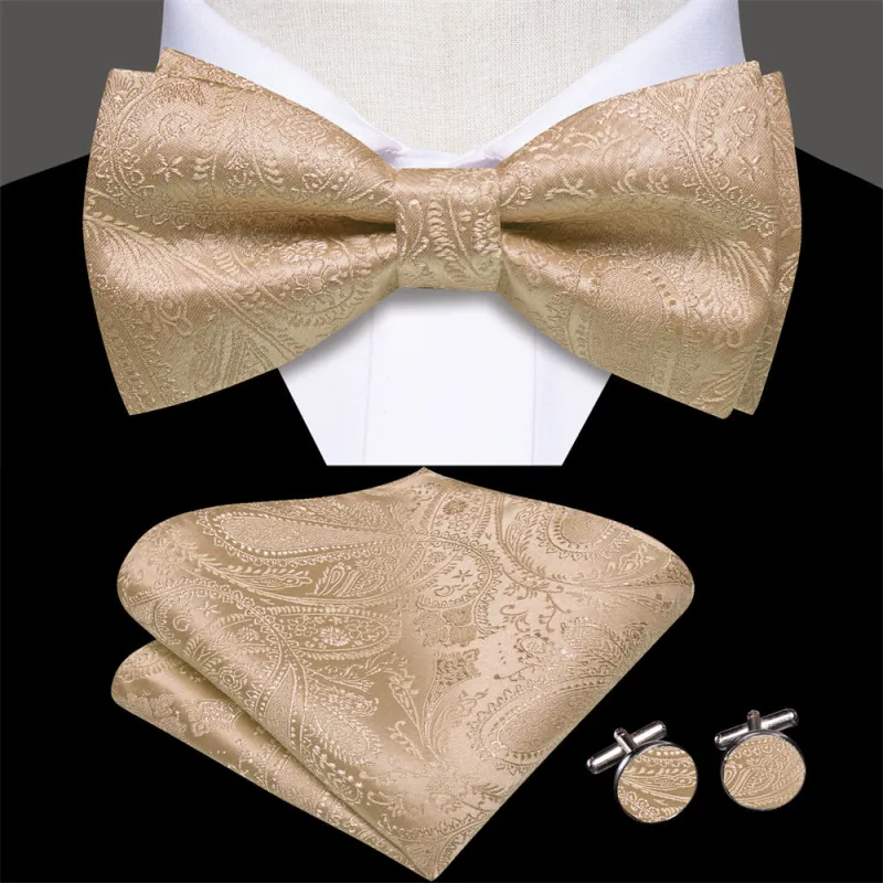 Ties2you Champagne Gold Paisley Pre-tied Bow Tie Hanky Cufflinks Set sold by Ties2You