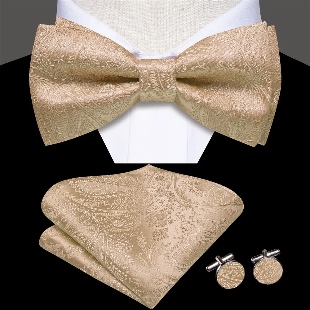 Ties2you Champagne Gold Paisley Pre-tied Bow Tie Hanky Cufflinks Set sold by Ties2You