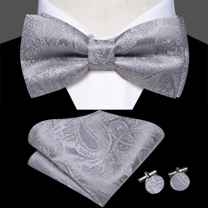 Ties2you Silver Paisley Pre-tied Bow Tie Hanky Cufflinks Set sold by Ties2You