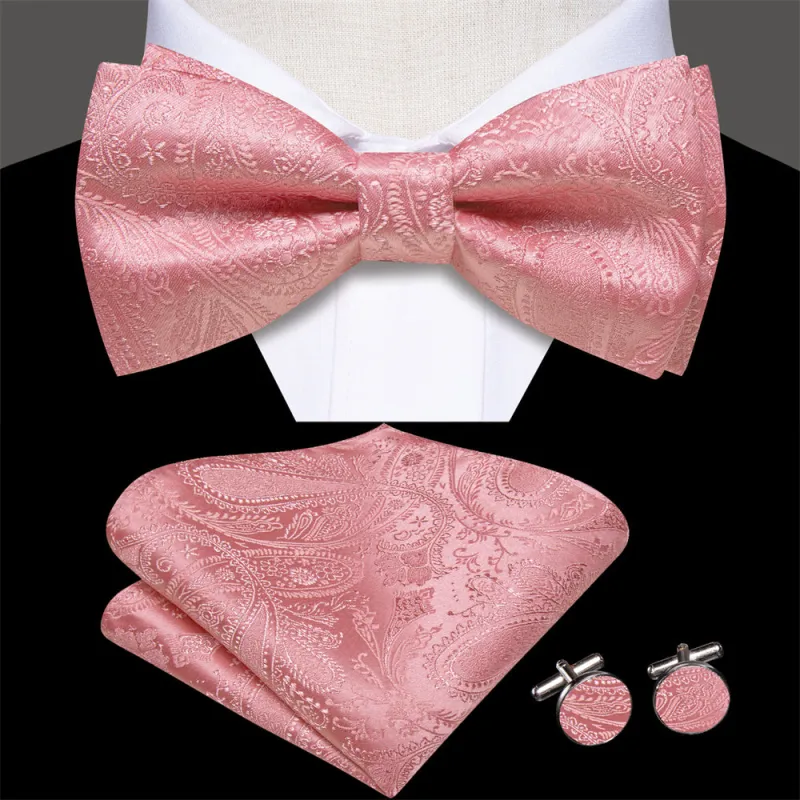 Ties2you Champagne Pink Paisley Pre-tied Bow Tie Hanky Cufflinks Set sold by Ties2You