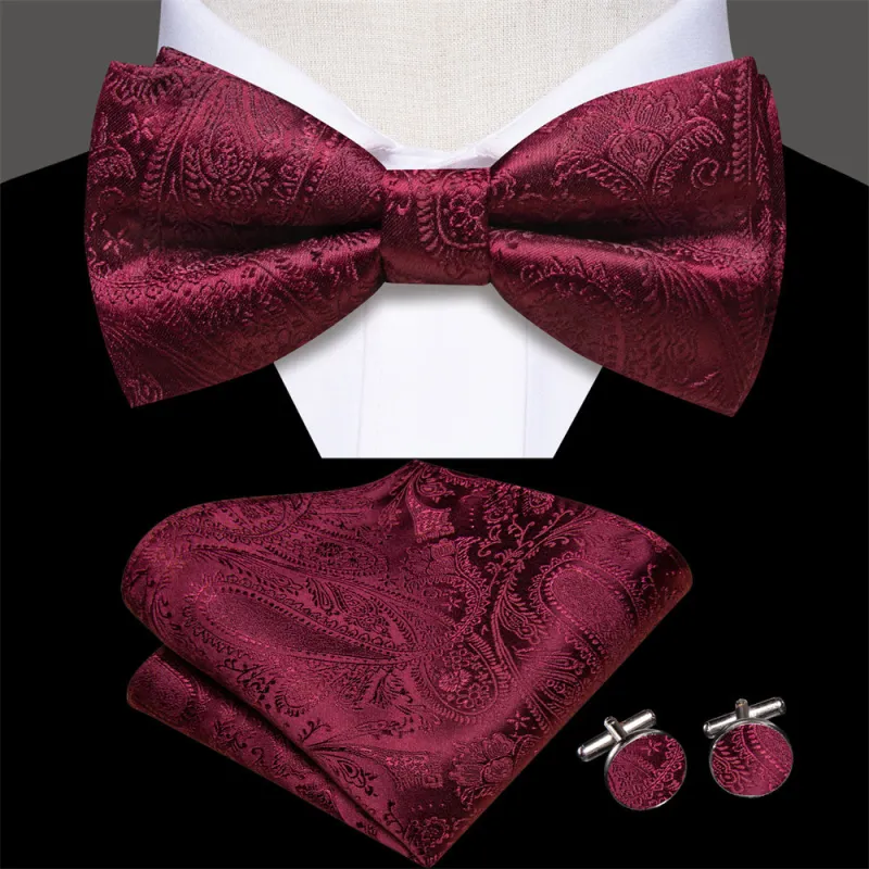 Ties2you Burgundy Paisley Pre-tied Bow Tie Hanky Cufflinks Set sold by Ties2You
