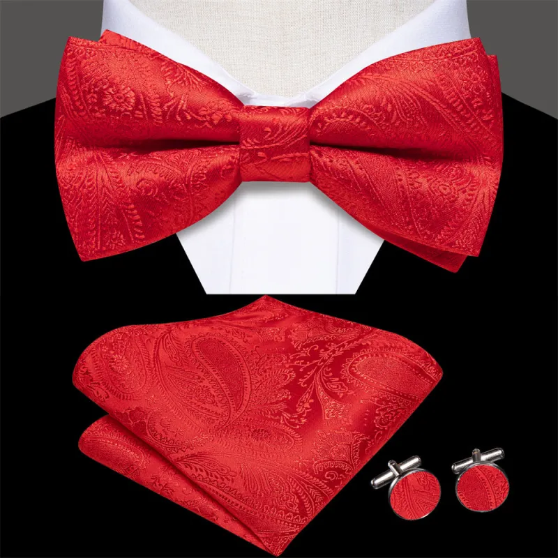Ties2you Red Paisley Pre-tied Bow Tie Hanky Cufflinks Set sold by Ties2You