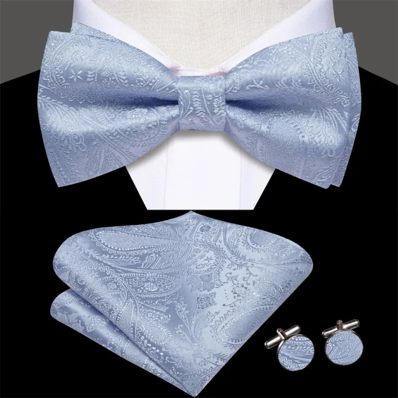 Ties2you Light Blue Paisley Pre-tied Bow Tie Hanky Cufflinks Set sold by Ties2You