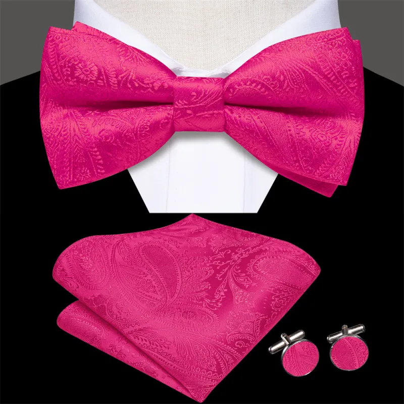 Ties2you Deep Rose Paisley Pre-tied Bow Tie Hanky Cufflinks Set sold by Ties2You