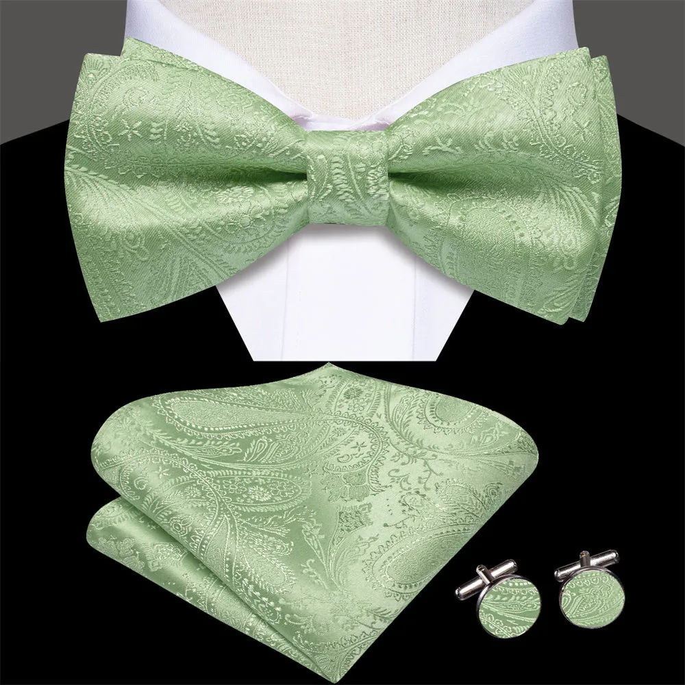 Ties2you Light Green Paisley Pre-tied Bow Tie Hanky Cufflinks Set sold by Ties2You