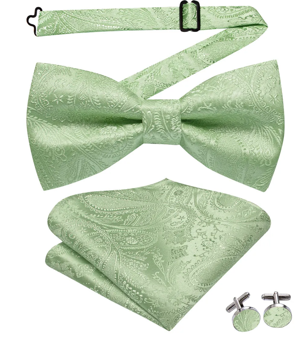 Ties2you Light Green Paisley Pre-tied Bow Tie Hanky Cufflinks Set sold by Ties2You product image thumbnail 4