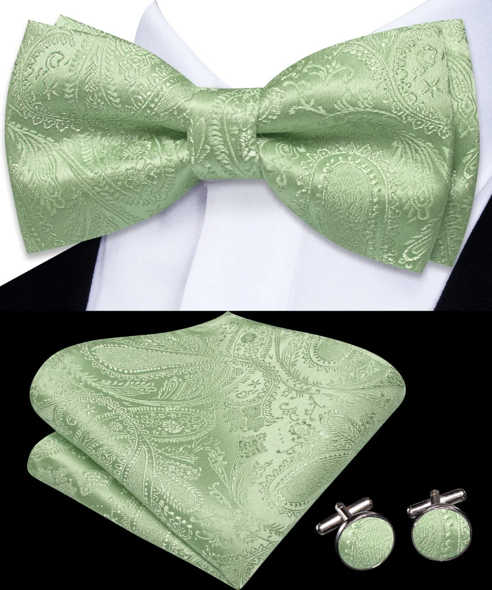 Ties2you Light Green Paisley Pre-tied Bow Tie Hanky Cufflinks Set sold by Ties2You product image thumbnail 3