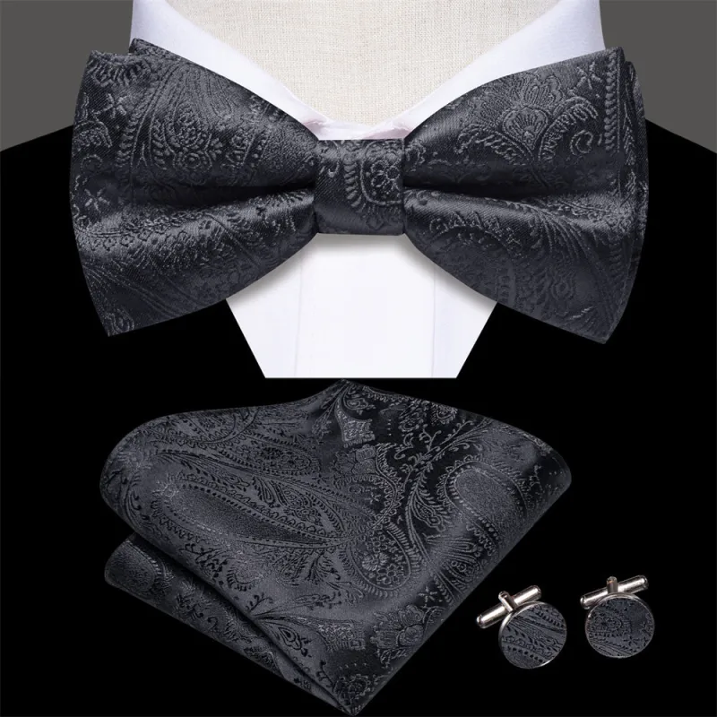 Ties2you Black Silver Paisley Pre-tied Bow Tie Hanky Cufflinks Set sold by Ties2You