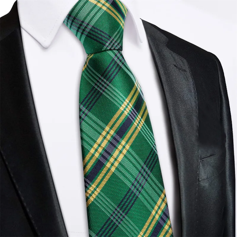 Ties2you Green Yellow Plaid Lazy Mens Easy-pull Silk Tie Pocket Square Cufflinks Set sold by Ties2You