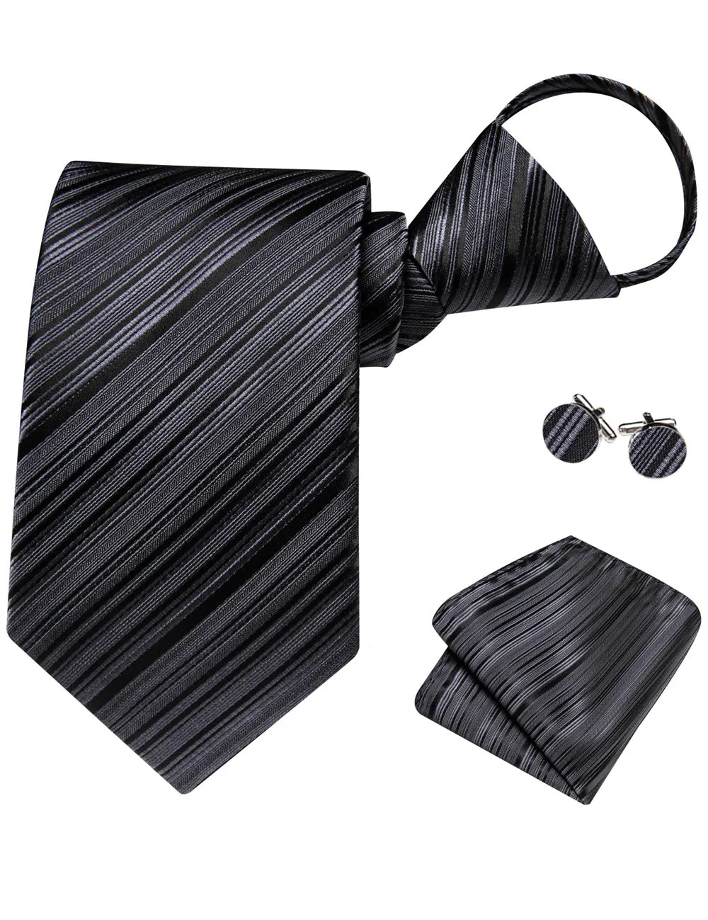 Ties2you Black Striped Lazy Mens Business Easy-pull Silk Tie Pocket Square Cufflinks Set sold by Ties2You product image thumbnail 5