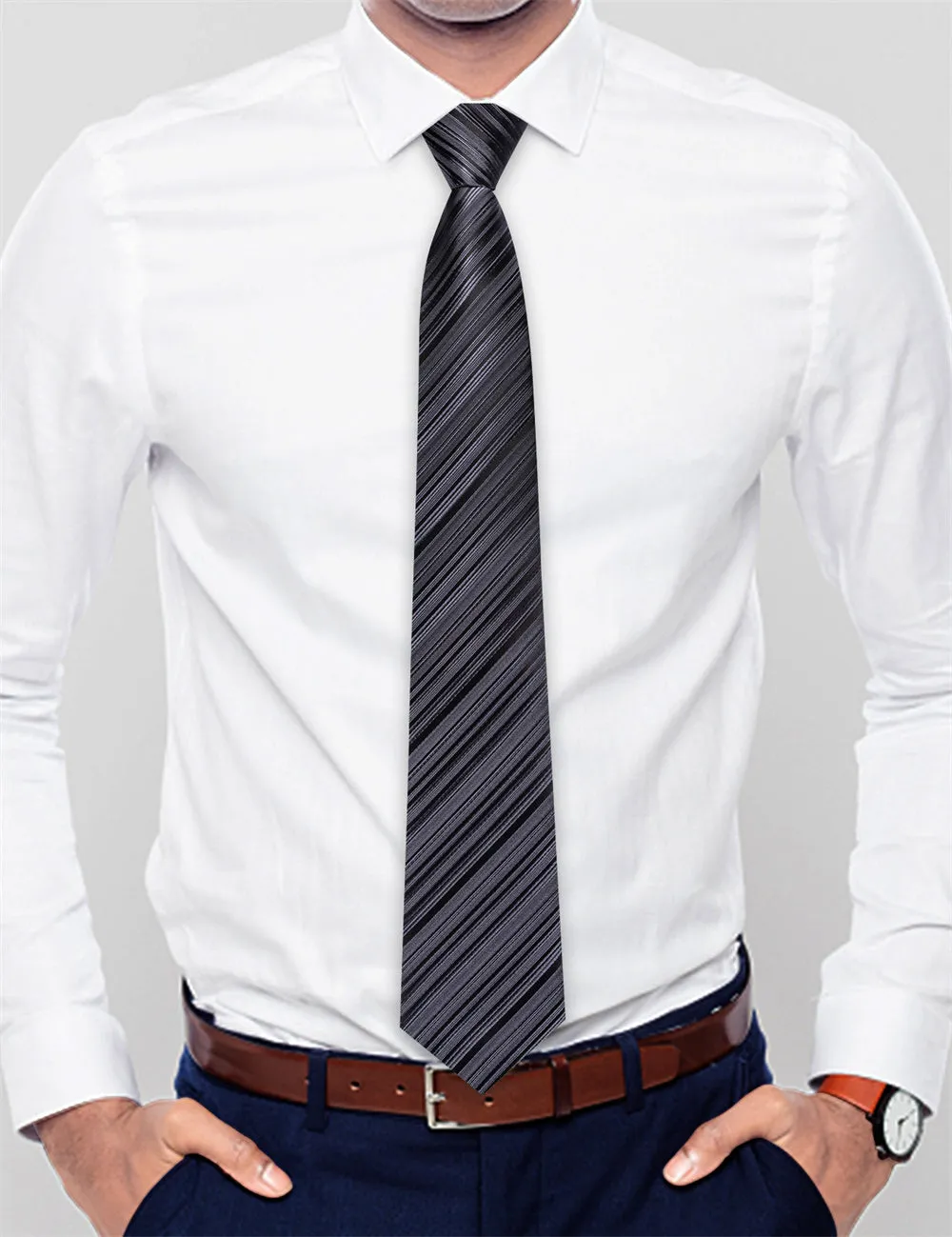 Ties2you Black Striped Lazy Mens Business Easy-pull Silk Tie Pocket Square Cufflinks Set sold by Ties2You product image thumbnail 2