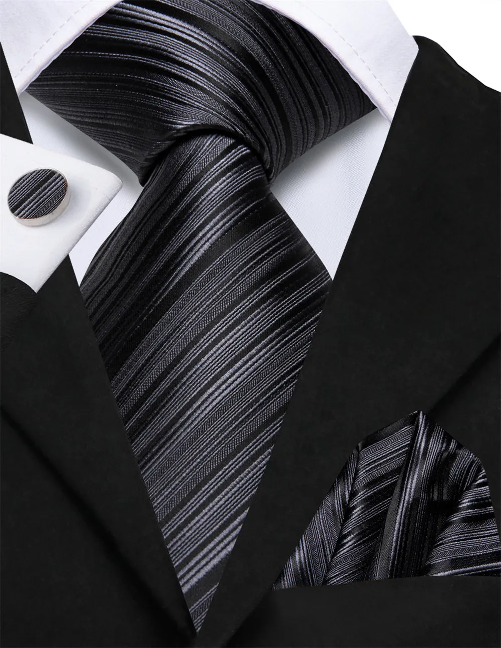 Ties2you Black Striped Lazy Mens Business Easy-pull Silk Tie Pocket Square Cufflinks Set sold by Ties2You product image thumbnail 4