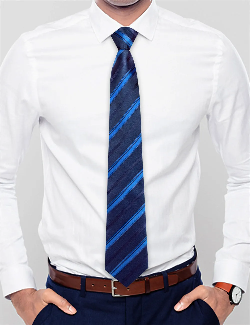 Ties2you Navy Blue Striped Lazy Mens Business Easy-pull Silk Tie Pocket Square Cufflinks Set sold by Ties2You product image thumbnail 3