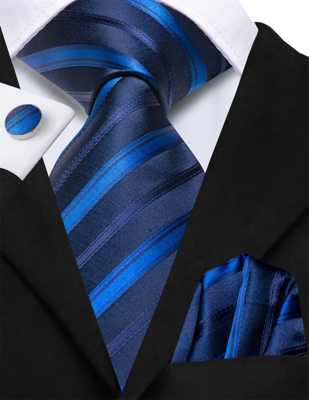 Ties2you Navy Blue Striped Lazy Mens Business Easy-pull Silk Tie Pocket Square Cufflinks Set sold by Ties2You product image thumbnail 2