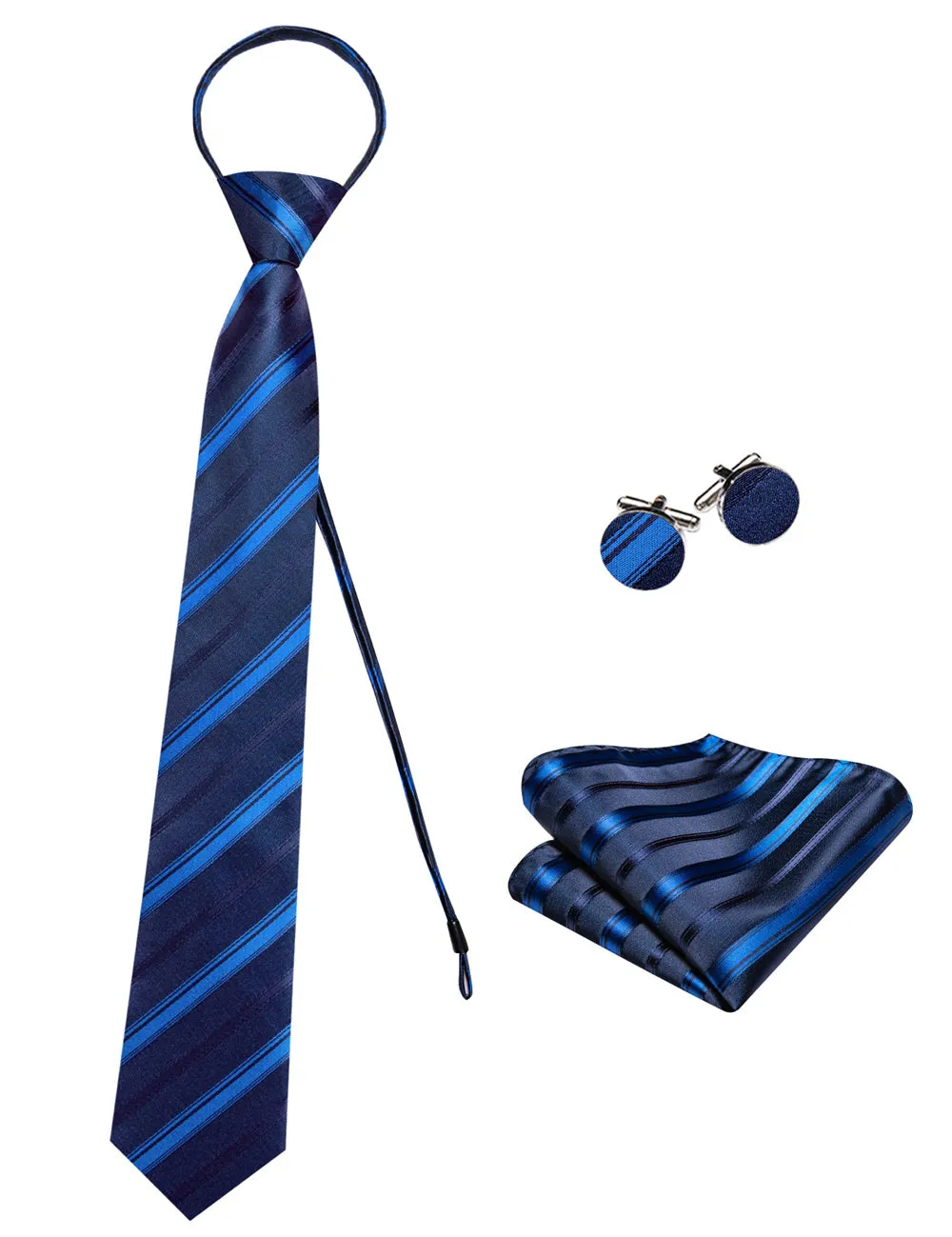 Ties2you Navy Blue Striped Lazy Mens Business Easy-pull Silk Tie Pocket Square Cufflinks Set sold by Ties2You product image thumbnail 4