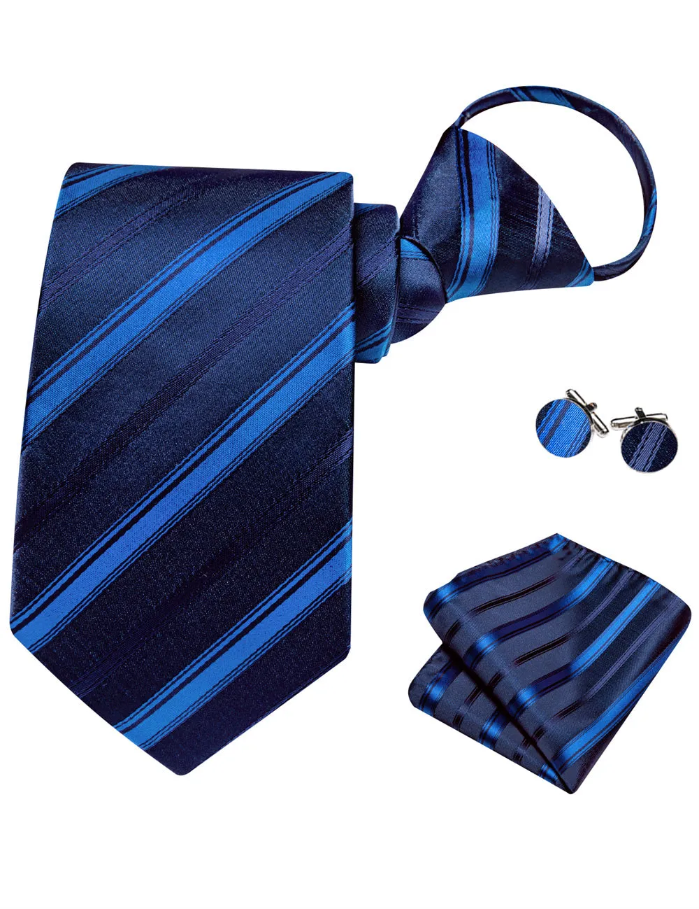 Ties2you Navy Blue Striped Lazy Mens Business Easy-pull Silk Tie Pocket Square Cufflinks Set sold by Ties2You product image thumbnail 5