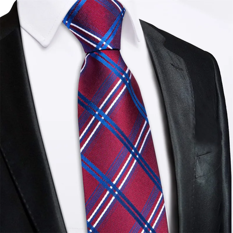 Ties2you Red Blue Plaid Lazy Mens Easy-pull Silk Tie Pocket Square Cufflinks Set sold by Ties2You
