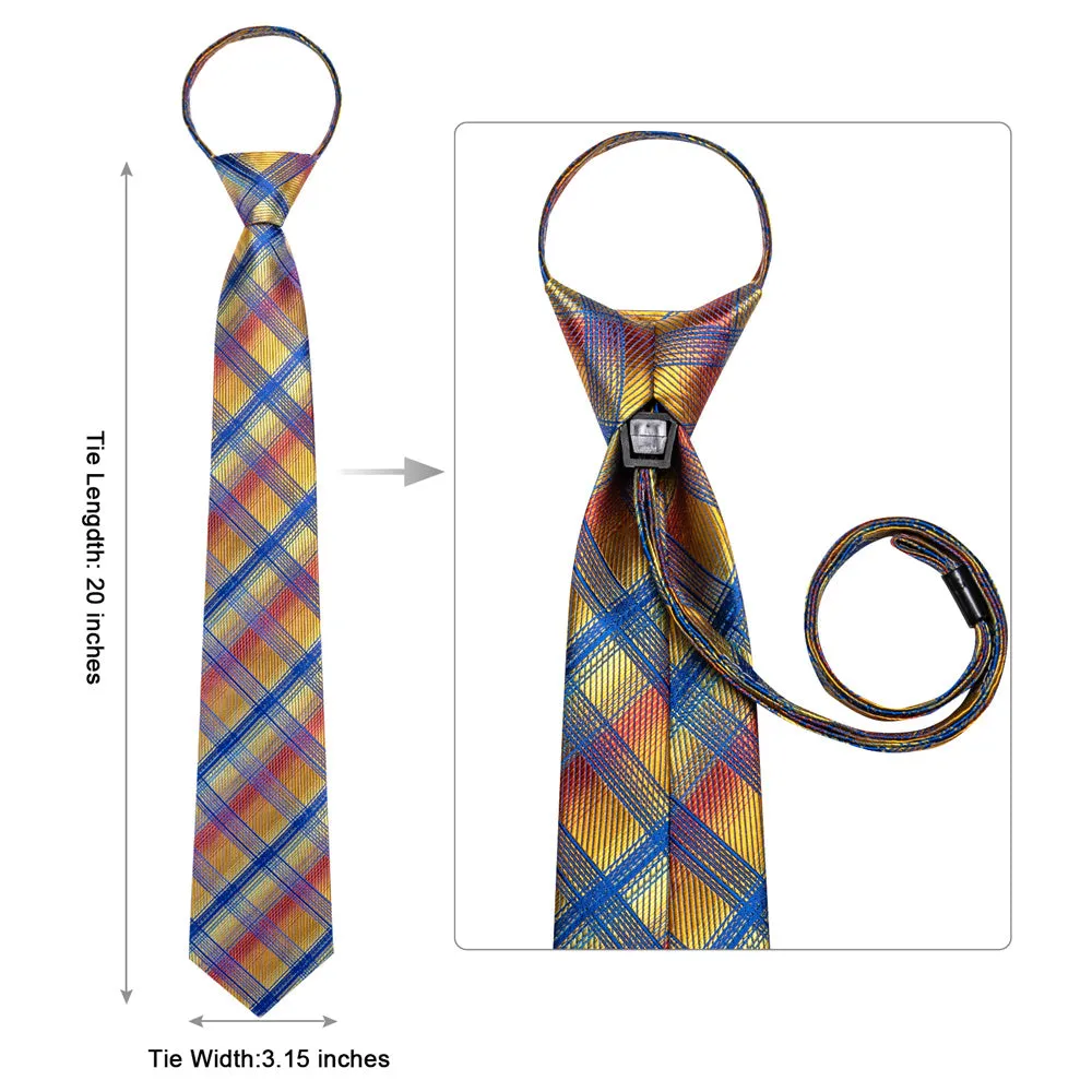 Ties2you Yellow Blue Plaid Lazy Mens Easy-pull Silk Tie Pocket Square Cufflinks Set sold by Ties2You product image thumbnail 4