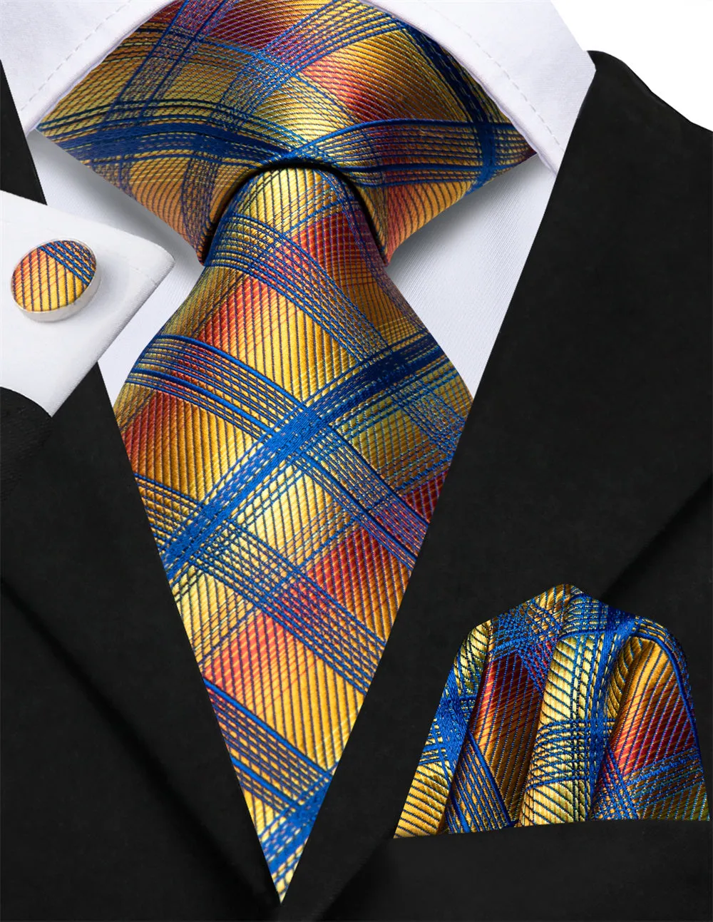Ties2you Yellow Blue Plaid Lazy Mens Easy-pull Silk Tie Pocket Square Cufflinks Set sold by Ties2You product image thumbnail 2