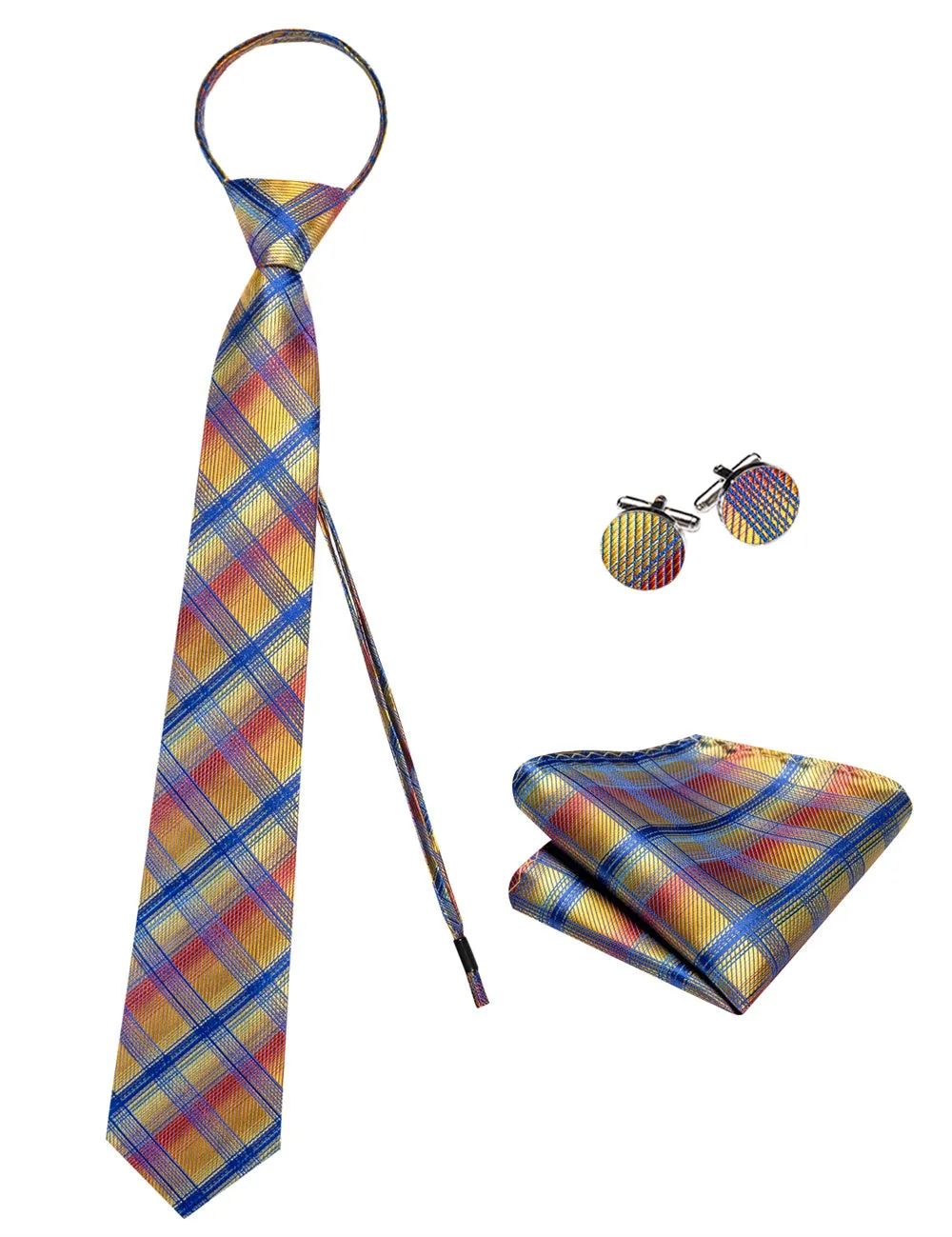 Ties2you Yellow Blue Plaid Lazy Mens Easy-pull Silk Tie Pocket Square Cufflinks Set sold by Ties2You product image thumbnail 5