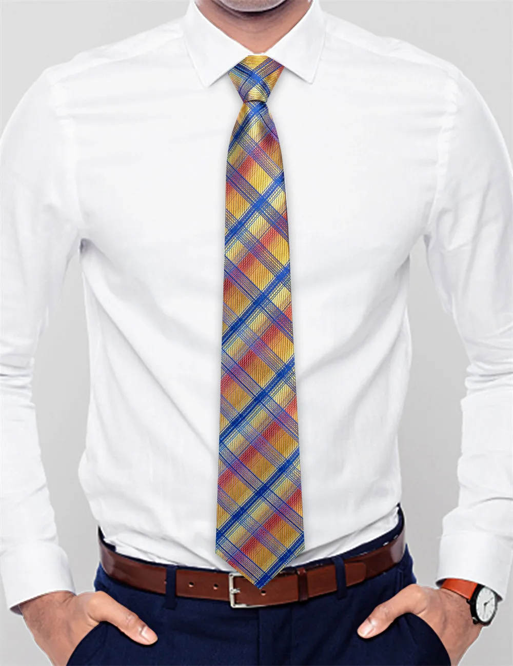 Ties2you Yellow Blue Plaid Lazy Mens Easy-pull Silk Tie Pocket Square Cufflinks Set sold by Ties2You product image thumbnail 3