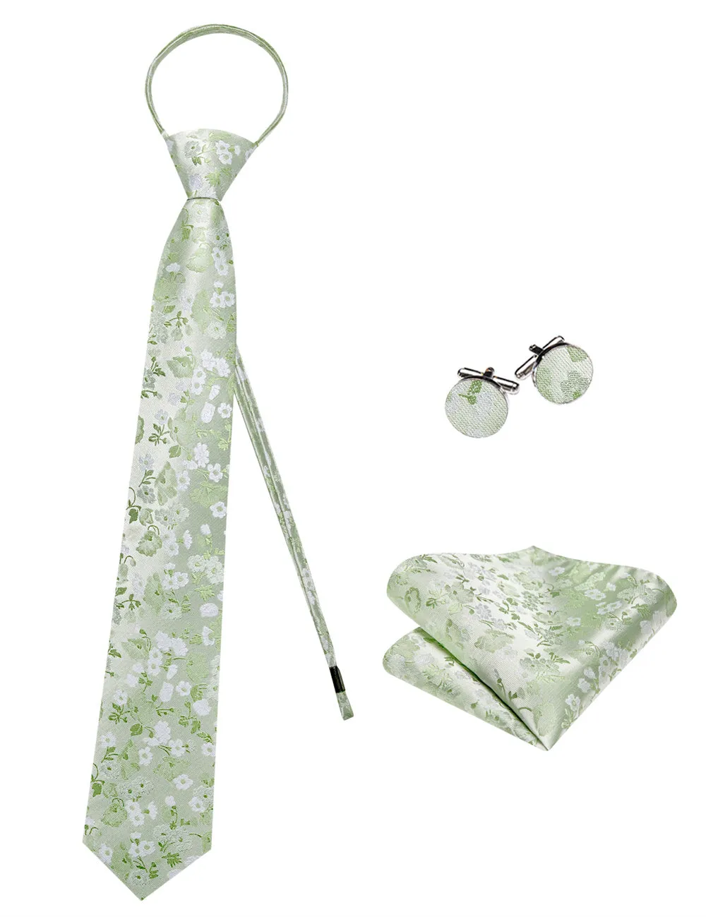 Ties2you Light Sage Green Floral Lazy Mens Easy-pull Silk Tie Pocket Square Cufflinks Set sold by Ties2You product image thumbnail 4