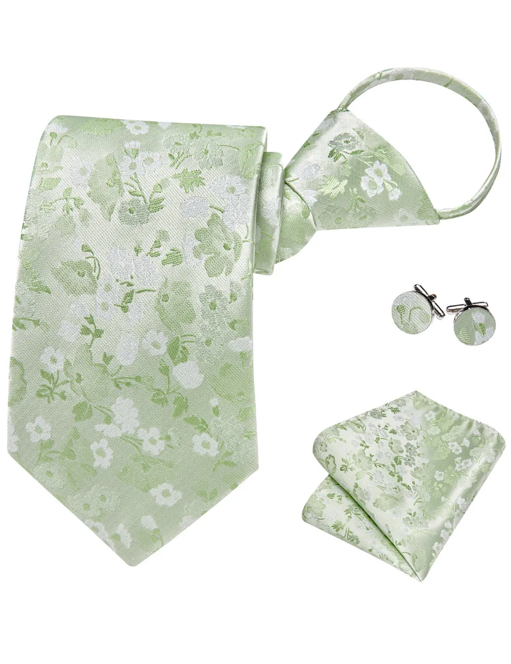 Ties2you Light Sage Green Floral Lazy Mens Easy-pull Silk Tie Pocket Square Cufflinks Set sold by Ties2You product image thumbnail 5