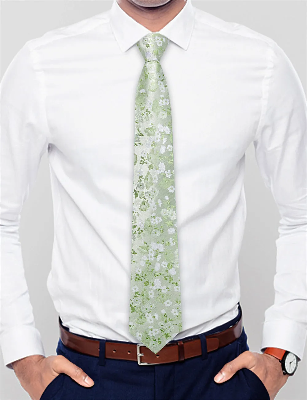 Ties2you Light Sage Green Floral Lazy Mens Easy-pull Silk Tie Pocket Square Cufflinks Set sold by Ties2You product image thumbnail 3