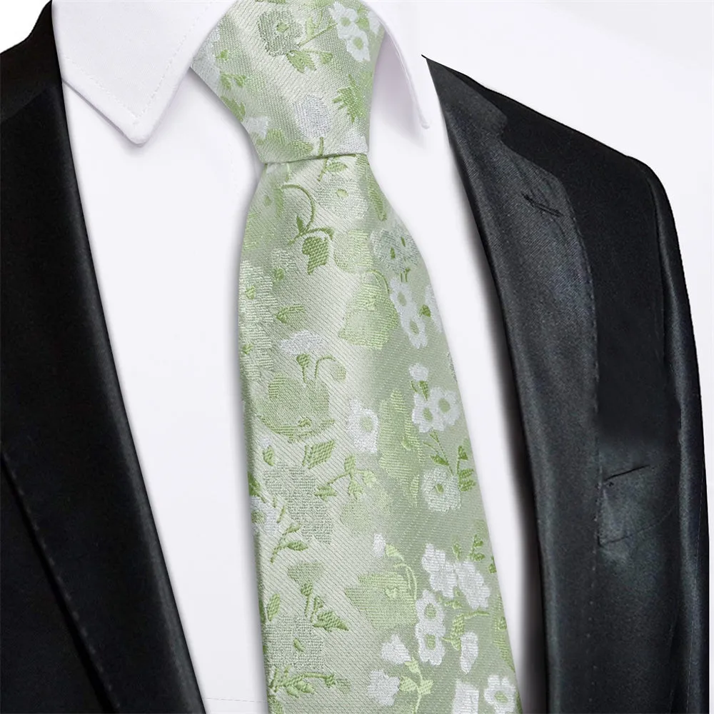 Ties2you Light Sage Green Floral Lazy Mens Easy-pull Silk Tie Pocket Square Cufflinks Set sold by Ties2You