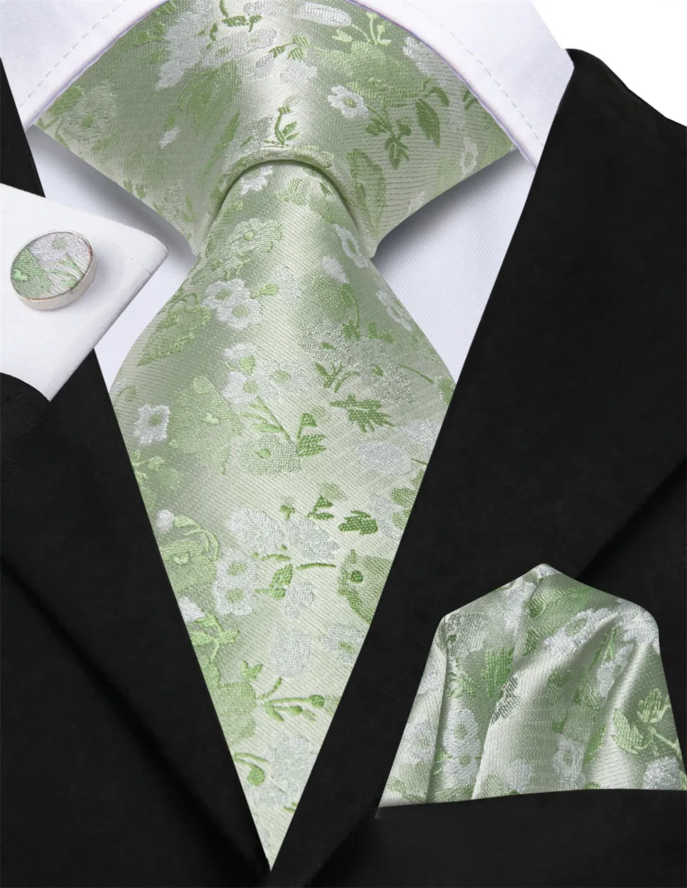Ties2you Light Sage Green Floral Lazy Mens Easy-pull Silk Tie Pocket Square Cufflinks Set sold by Ties2You product image thumbnail 2