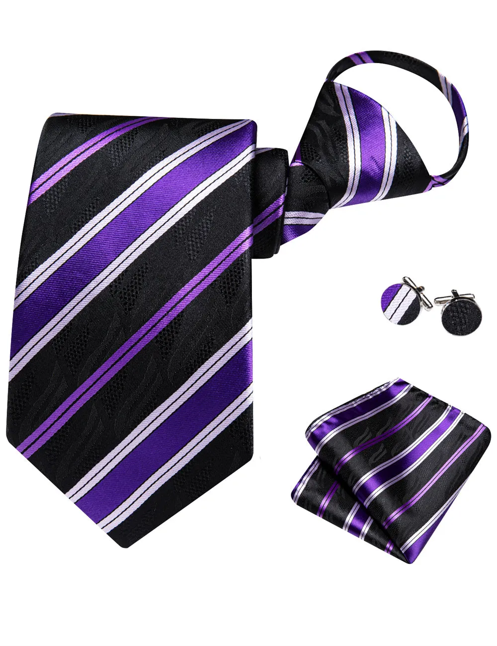 Ties2you Black Purple Striped Lazy Mens Business Easy-pull Silk Tie Pocket Square Cufflinks Set sold by Ties2You product image thumbnail 5
