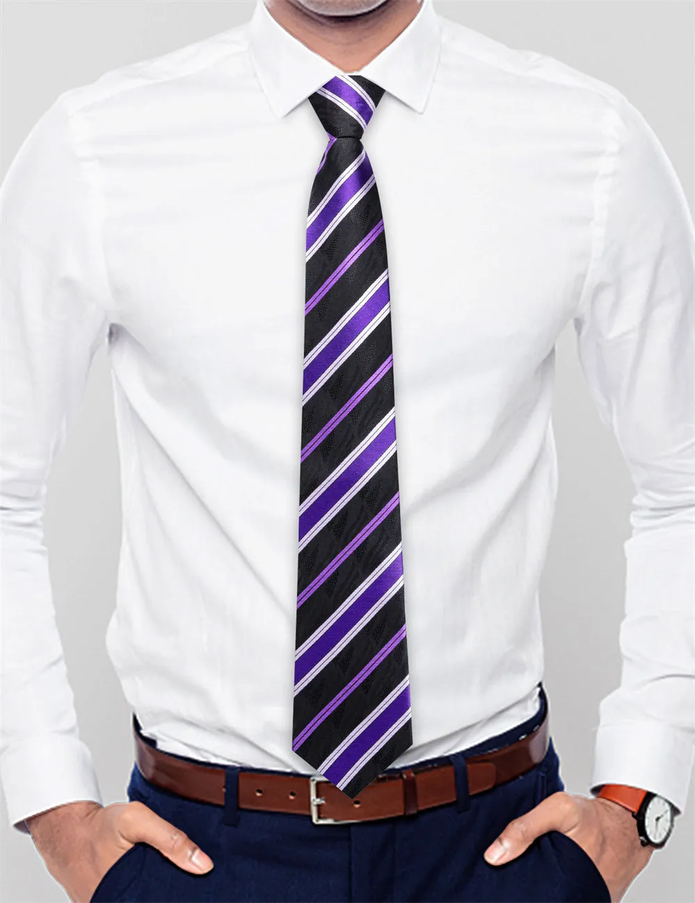 Ties2you Black Purple Striped Lazy Mens Business Easy-pull Silk Tie Pocket Square Cufflinks Set sold by Ties2You product image thumbnail 3