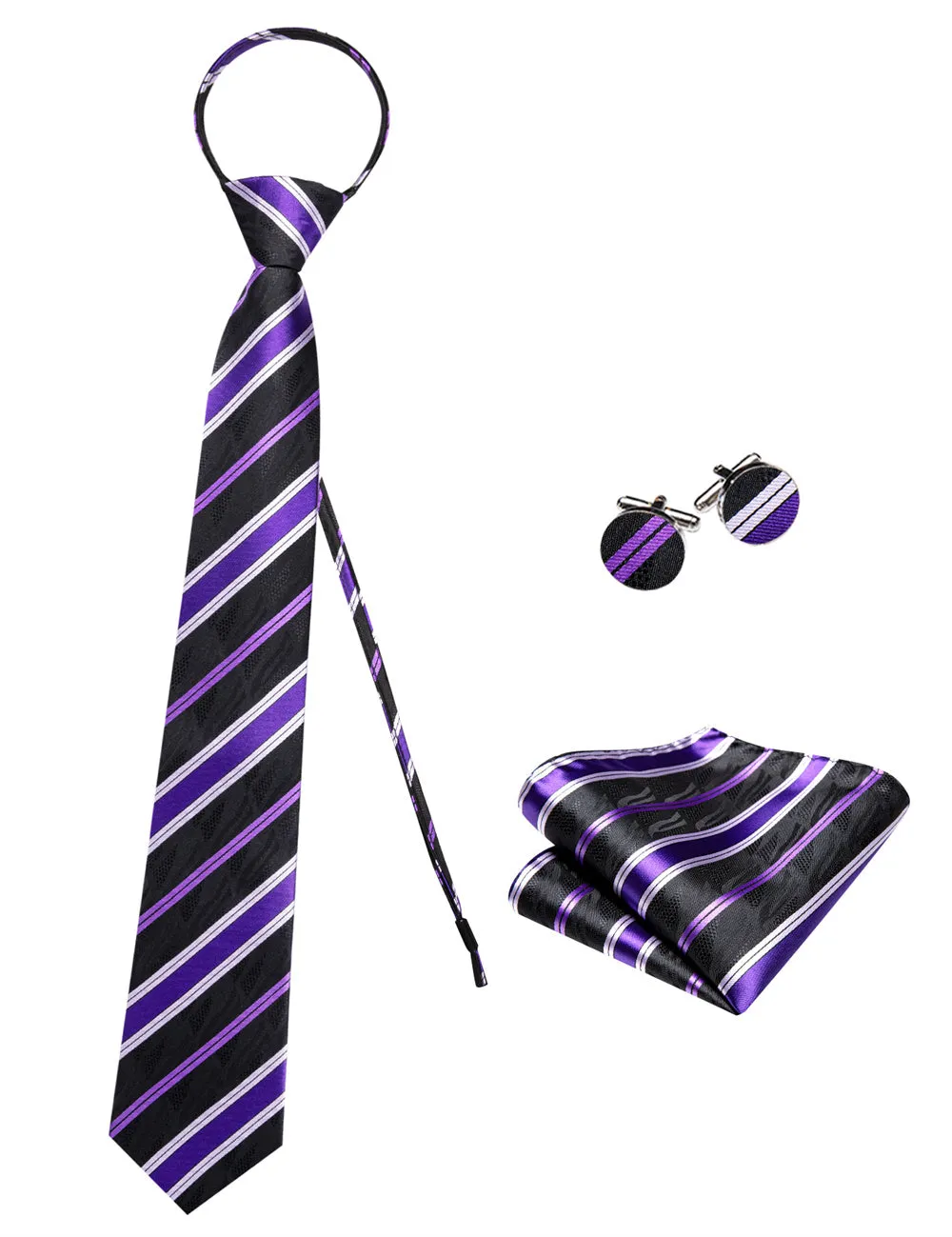 Ties2you Black Purple Striped Lazy Mens Business Easy-pull Silk Tie Pocket Square Cufflinks Set sold by Ties2You product image thumbnail 4