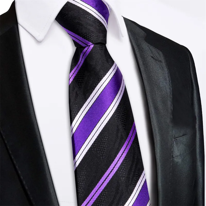 Ties2you Black Purple Striped Lazy Mens Business Easy-pull Silk Tie Pocket Square Cufflinks Set sold by Ties2You