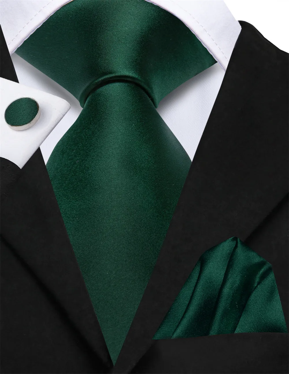 Ties2you Deep Green Solid Lazy Mens Business Easy-pull Silk Tie Pocket Square Cufflinks Set sold by Ties2You product image thumbnail 2