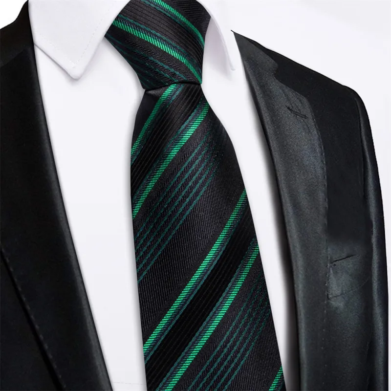 Ties2you Black Green Striped Lazy Mens Business Easy-pull Silk Tie Pocket Square Cufflinks Set sold by Ties2You