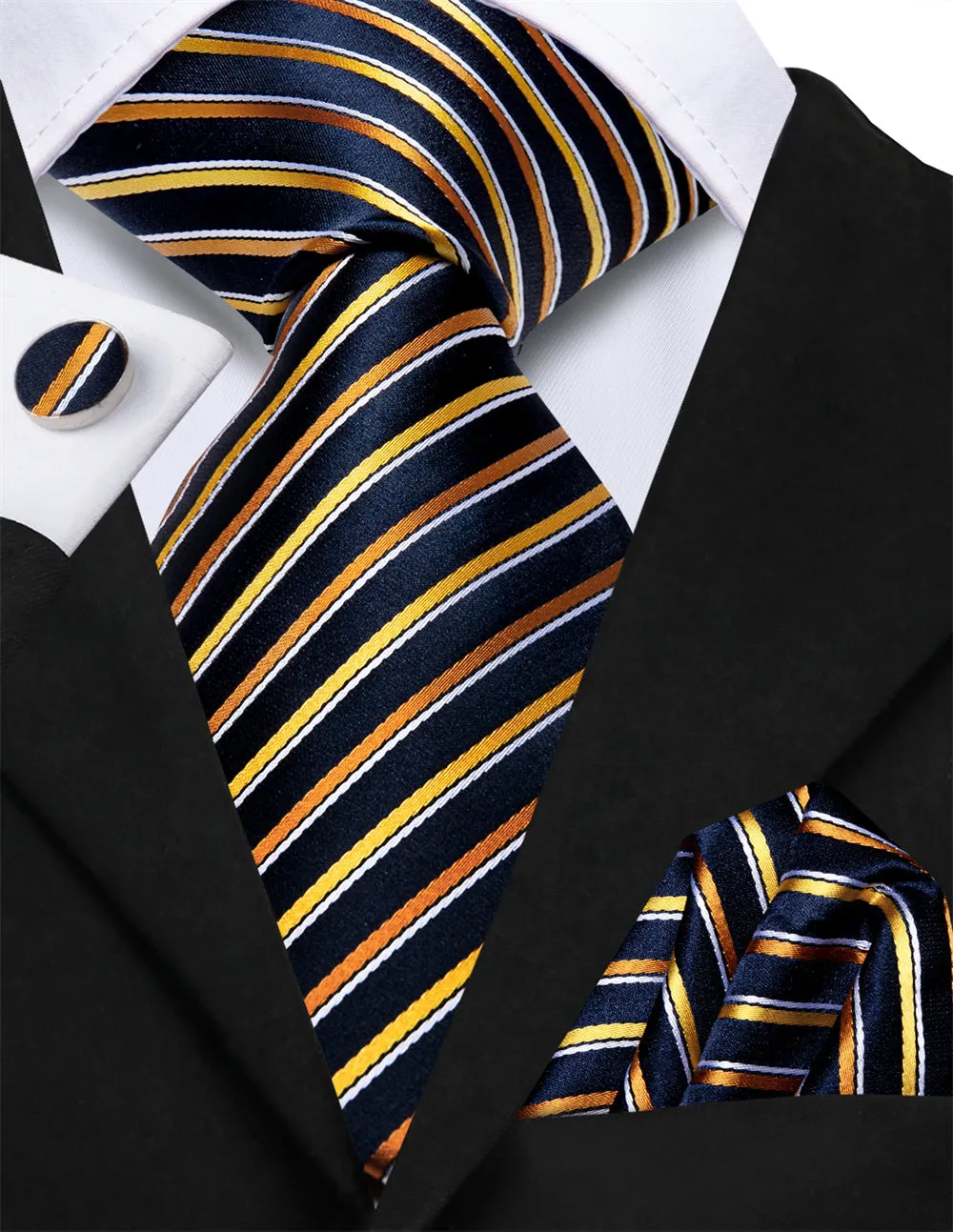 Ties2you Black Golden Striped Lazy Mens Business Easy-pull Silk Tie Pocket Square Cufflinks Set sold by Ties2You product image thumbnail 2