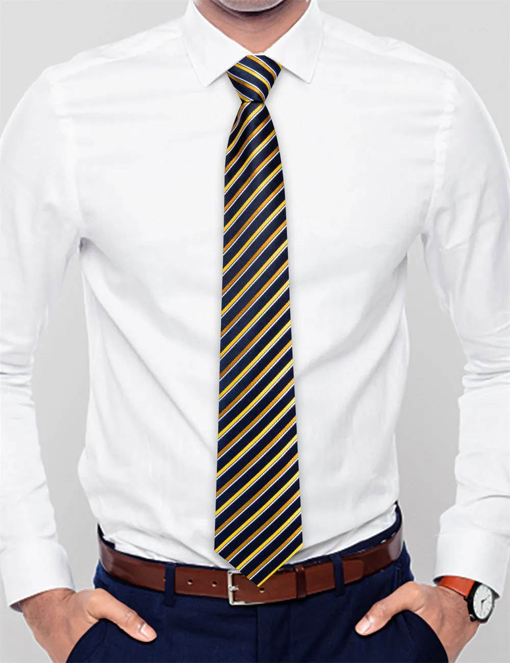 Ties2you Black Golden Striped Lazy Mens Business Easy-pull Silk Tie Pocket Square Cufflinks Set sold by Ties2You product image thumbnail 3