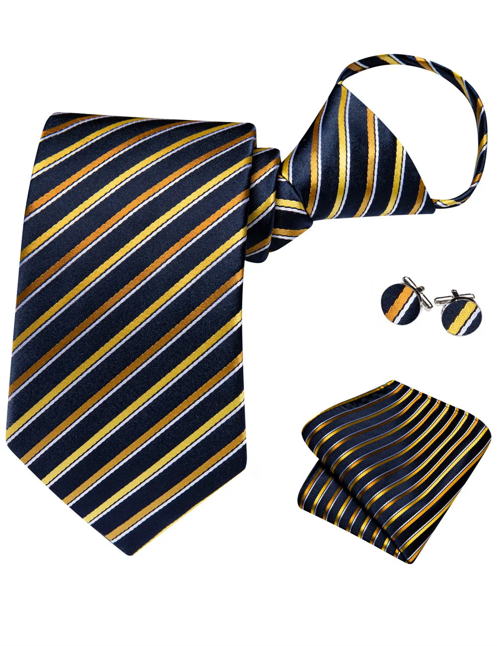 Ties2you Black Golden Striped Lazy Mens Business Easy-pull Silk Tie Pocket Square Cufflinks Set sold by Ties2You product image thumbnail 5