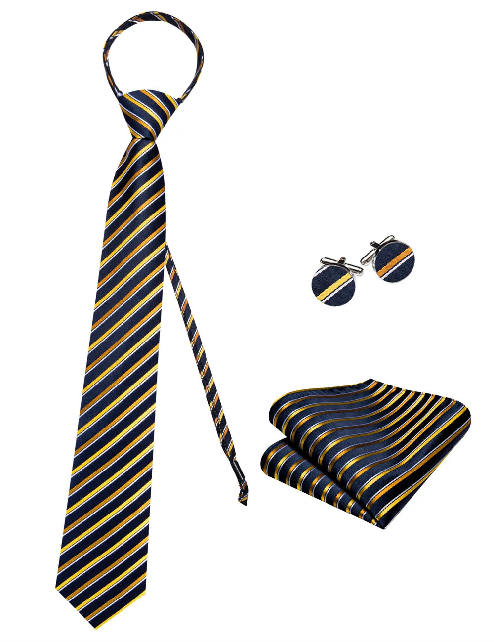 Ties2you Black Golden Striped Lazy Mens Business Easy-pull Silk Tie Pocket Square Cufflinks Set sold by Ties2You product image thumbnail 4
