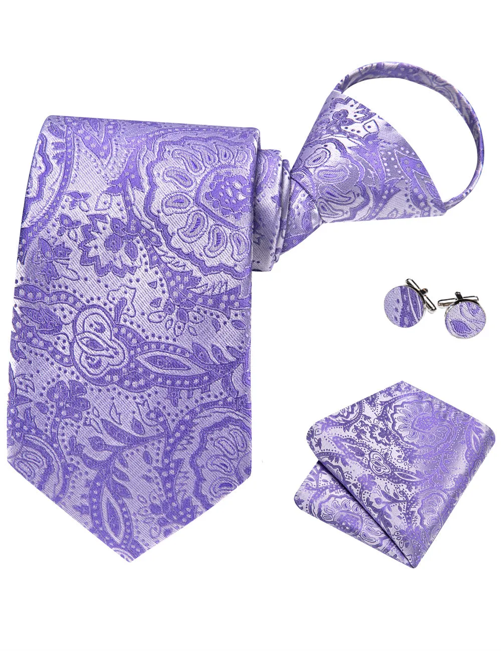 Ties2you Bright Purple Floral Lazy Mens Easy-pull Silk Tie Pocket Square Cufflinks Set sold by Ties2You product image thumbnail 5