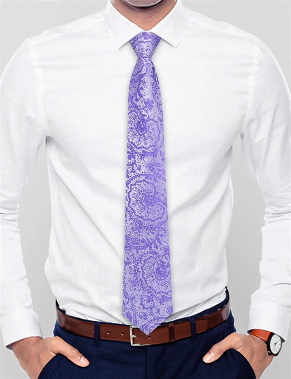 Ties2you Bright Purple Floral Lazy Mens Easy-pull Silk Tie Pocket Square Cufflinks Set sold by Ties2You product image thumbnail 3
