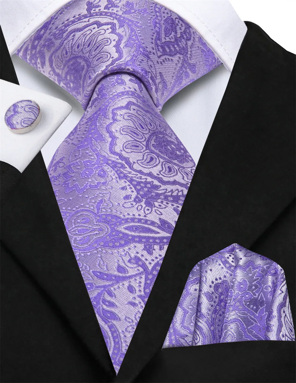 Ties2you Bright Purple Floral Lazy Mens Easy-pull Silk Tie Pocket Square Cufflinks Set sold by Ties2You product image thumbnail 2