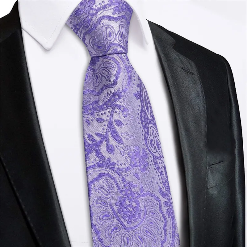 Ties2you Bright Purple Floral Lazy Mens Easy-pull Silk Tie Pocket Square Cufflinks Set made by Ties2You