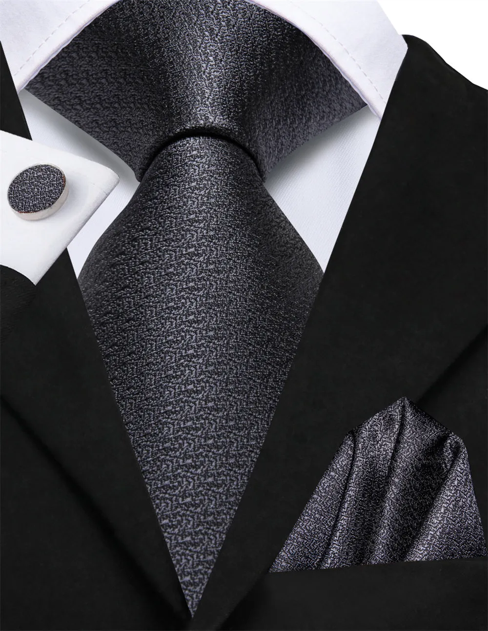 Ties2you Black Solid Lazy Mens Business Easy-pull Silk Tie Pocket Square Cufflinks Set sold by Ties2You product image thumbnail 2